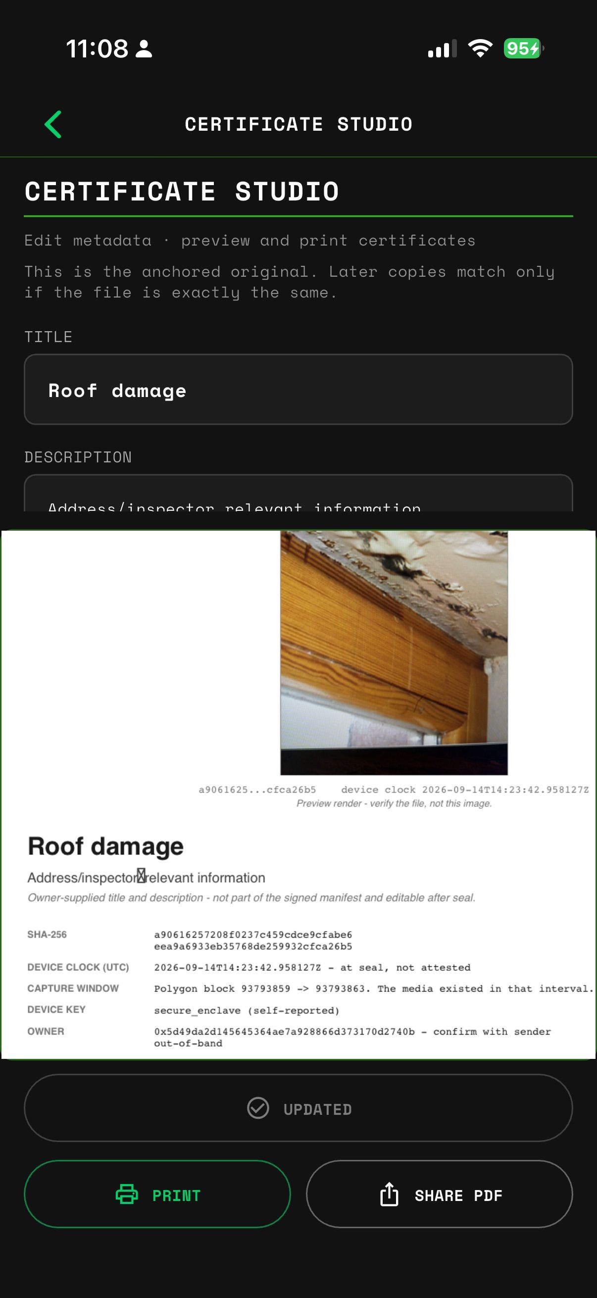 FactLockCam certificate studio screen