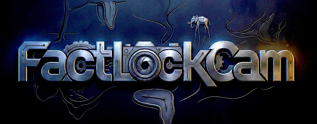 FactLockCam wordmark in brushed chrome on a blued-steel plate